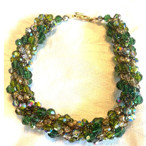 Vintage Swarovski Chunky Austrian Crystal Bold Beaded Green & Gold Necklace 16" - Picture 8 of 10